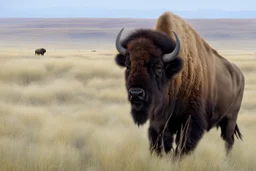 Bison walking towards viewer's left, prairie grasses in foreground, background fades out to white