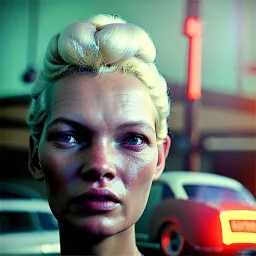 Ultra Realistic retro sci-fi, Supermarket parking scene, 1960 year, blonde woman, sweet young Kate moss face, x ray lights eyes, face makeup, tight latex coat, levitating cars, many panic people, Retro sci-fi style, soft color, highly detailed, unreal engine 5, ray tracing, RTX, lumen lighting, ultra detail, volumetric lighting, 3d, finely drawn, high definition, high resolution.