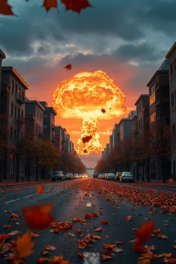 city street with a nuclear explosion in the distance, autumn colors, leaves falling on street, leaves falling in foreground, light source is the nuclear explosion