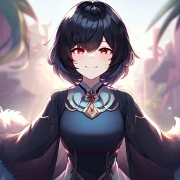 Clear focus,High resolution, black short fluffy hair, long fluffy bangs, and red eyes, Depressed girl, wearing a techy outfit, Smug smile, half closed eyes, smile, outfit pic