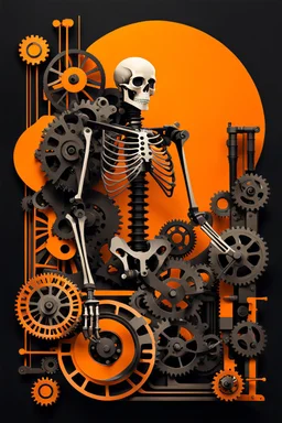 A stylized, abstract illustration of an arafed improbability skeleton, positioned alongside mechanical gears and industrial elements. The improbability, depicted in black, features exaggerated joint details. Behind it are circular shapes in orange and black, suggesting motion and machinery. The background is a plain beige, enhancing the contrast with the dark and vibrant elements in the foreground.