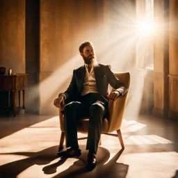 "In the center of the image, an men with beard is seated on a comfortable chair wearing italian attire. The room is cast in a gentle shadow, with sunlight streaming in from the side, creating a warm and inviting atmosphere."