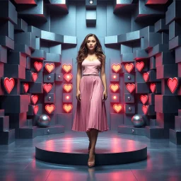 make a picture pretty stage made of metallic blue-gray teme 3d recursive cubic and sphere and heart simbols base structures and a beautiful fashion model lady standing with cute in scene with sexy top and pretty pleated midi skirt ,makeup curvy long hair,dynamic camera zoom to full body and pan, dynamic lights.