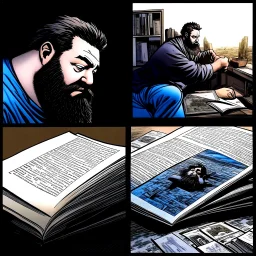 ((Masterpiece:1.2) of (award-winning:1.1) caliber, professionally executed with the utmost (precision and ultra-detail:1.3), imagine a photograh of a page of a photobook, inside are pictures that feature a fat, bearded man and his tv (watching tv:1.8),,comic book panels, multiple angles, a mixture of lighting and color palettes.