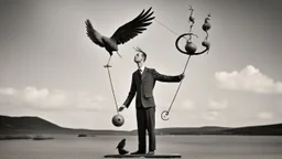 balance, man and bird, bizarre, surreal, art brut, outsider art, a black and white photo, pexels contest winner, 1940s, high quality photo,