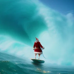 Santa standing of surfboard surfing a big wave, empty hands, beach, character design by cory loftis, fenghua zhong, ryohei hase, ismail inceoglu and ruan jia. unreal engine 5, artistic lighting, highly detailed, photorealistic, fantasy