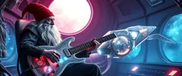 guitar acoustic banger, instrumental, celtic, georgian, gypsy jazz, back on track portrait of space captain gnome lich, , priest psycho, in cockpit, celtic knot hollow tube transparent core ornate indented space ship, shiny bright mega ship flourescent white blue like bubble gum with a few big windows and decks, interdimensional twister, rock against colored spaced fog, space interior. split tail, winged serpent, glowing aura