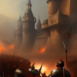 frank frazetta style, medieval town in battle, storm, siege weapons