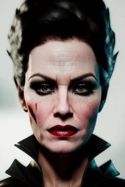 portrait of shae marks as evil queen in black leather, leather, angry, stern look, volumetric lighting, particales,highly detailed,cinematic, deep colours,8