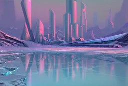 Science fiction city near frozen lake, impressionism painting