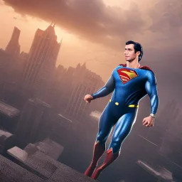 Superman flying, dramatic, cityscape background, dramatic lighting, volumetric lighting, hyperrealisme, 8k, high quality, photorealistic, lot of details