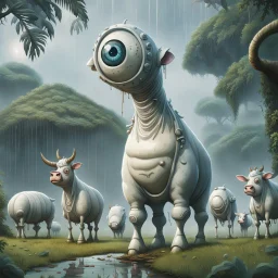 far in the distance five big crepy-cute weird creatures stand on four legs on eart , on tube heads is one giant eye , gray-white-pale blue color skin, with big cow udders on the belly between their legs,, without ears ,peacefully grazing the grass, background is a jungle, rain, detailed, sci-fi, fantasy, cinematic