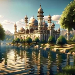 Beautiful Islamic style palace, trees and river, high definition