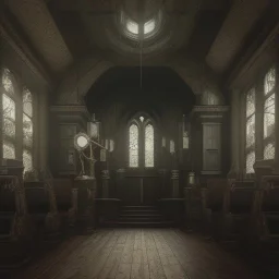 on old church interior, scary, steam punk, realistic, made in octane, cinematic, ultra-realistic, extremely detailed octane rendering, 8K, VRAY Super Real ar 2:3, dof photorealistic futuristic 50mm lens hard lighting dark gray tintype photograph, realistic lighting, sepia color