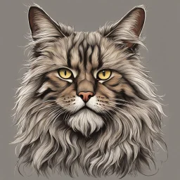 create a wild caricature of a grizzled streetwise and tough, cyberpunk female mercenary Maine Coon cat, highly detailed with refined feline features in the cartoon caricature style of Gerald Scarfe and Ralph Steadman precisely drawn, boldly inked, vividly colored, 4k