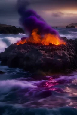 a purple rock island surrounded by a sea of molten lava