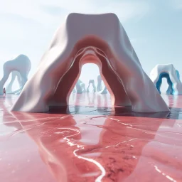 A photo of a landscape. The surface below the structure is glossy. There are fake structures. In the background, other white and blue forms and structures are visible. The atmosphere is metaphysical. The image has a glossy finish. The exposure value is 8.