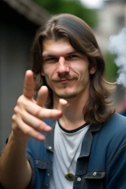 man with a mullet pointing his hand like a gun at the camera while he smokes an' guy burning cigarette