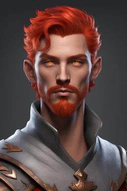Make a man, wizard, fire genasi, gray skin tones. short fiery red hair and trimmed red facial hair, red eyes