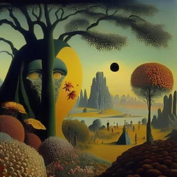 High definition photography of a marvelous landscape, trees, flowers, giant sun, people wearing masks, eerie, rock formations, Max Ernst and Yves Tanguy painting, Henri Rousseau, thoughtful, interesting, a bit appalling, smooth