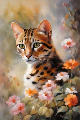 Masterpiece, best quality, Willem Haenraets style painting of a portrait of a Asian Leopard Cat cat in the garden, painted by Willem Haenraets