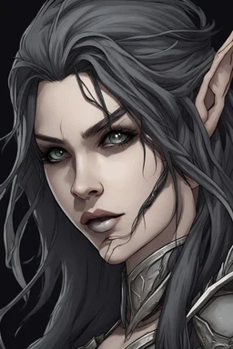 SA female elf with skin the color of storm clouds, deep grey, stands ready for battle. Her long black hair flows behind her like a shadow, while her eyes gleam with a fierce silver light. Despite the grim set of her mouth, there's a undeniable beauty in her fierce countenance. She's been in a fight, evidenced by the ragged state of her leather armor and the red cape that's seen better days, edges frayed and torn. In her hands, she grips two daggers, add dark shadow mystic purple flames