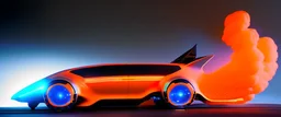 award winning car and driver photograph of a futuristic station wagon designed by only one vehicle per image painted metallic orange traveling at a high rate of speed, jet intake off of front center of vehicle and jet exhaust out the rear with bright blue flame, bilaterally symetrical, more a high speed road vehicle