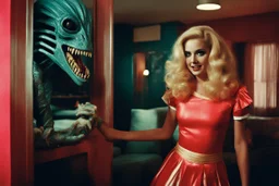 [vintage style noisy scratches glitches, Shot the texture and then rewound the film and double exposed from a colorful 1970s Italian movie] As the hot blonde cheerleader and the xenomorph mummy faced each other in the eerie hotel room, a palpable tension filled the air. The cheerleader, her youthful exuberance contrasting with the mummy's ancient horror, stood poised for a confrontation unlike any other. The xenomorph mummy, a fusion of unearthly terror and decaying majesty, regarded the cheerle