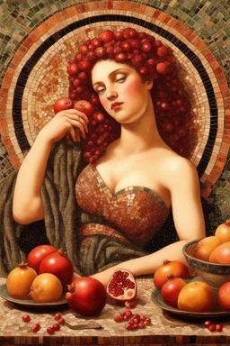 Vintage mosaic, cracked glaze, beautiful {select: woman/roserpine}, pomegranates in her hair, pomegranate fruits at her table, sun and moon, breath-taking realistic.