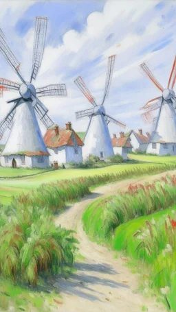 A white village with windmills painted by Claude Monet