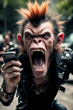 A very angry and bitter punk rocker tries to scream holding his mobil phone, and screams very high and gets angry, howler monkeys disturbs him