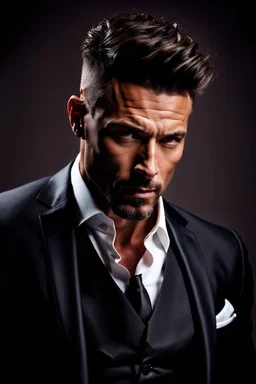 portrait of a 40 year old Handsome muscular male leader with lightly tanned skin and tattoos. Dark hair cut short and a goatee beard. wearing a three piece suit. photorealistic