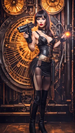 Full Body photo of a burlesque Woman With straight hair and a Fringe Hairstyle, holding a laser gun, sci-fi steampunk Background