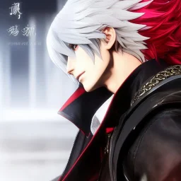 Detailed anime boy, crimson red hair, long parted hairstyle, devil may cry 5 dante hairstyle, wolf ears protruding out, white trench coat, intricate details, full body portrait, keep head in frame, slight smile, black Japanese motif, concept art, highly detailed, digital painting, concept art, sharp focus, illustration, art by Yoji Shinkawa, WLOP and greg rutkowski and alphonse mucha and artgerm and yanjun Chen and Junji ito and Makoto Shinkai, HDR, octane render, highly detailed