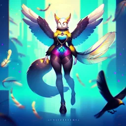 A bird fursona, Furry art, Digital art, cyberpunk, High quality, Backlighting, female, anthropomorphic, full body portrait, 8k resolution, bird tail, Realistic, high quality, great details, within portrait, masterpiece, best quality, detailed outfit, vibrant colors, perfect eyes, feathery, human body, robotic arm, sfw, highly detailed face, perfectly drawn