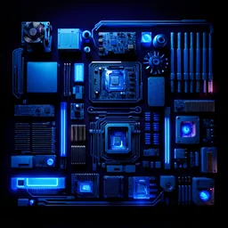 computer components, cyberpunk style, blue lighting black background