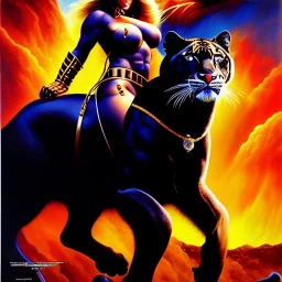 portrait oil on canvas,beautiful busty Female Warrior riding a Gigantic Panther, minimal armor,comic book cover, mystical colors,insanely detailed,realistic,intrincate detail,crystal clear eyes,perfectly drawn face, 16k resolution, masterpiece,Simon Bisley,Frank Frazetta,Alex Horley,ARTHUR ADAMS