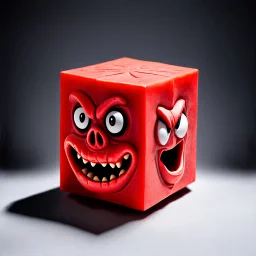a toy character head in a cube-ish shape, 80's foam horror character, gore, style of AmToy's Madballs
