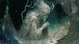 “The Hermit of a Chasm of the Forest” done delicately on rice paper; neo-surrealism dystopian eldritch elegant fantastical intricate hyperdetailed holographic magnificent meticulous mysterious ominous