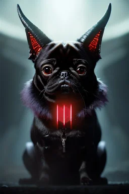 Demonic character, demon horns, demon tail, ominous, facepaint, pug, waist up portrait, intricate, oil on canvas, masterpiece, expert, insanely detailed, 4k resolution, retroanime style, cute big circular reflective eyes, cinematic smooth, intricate detail , soft smooth lighting, soft pastel colors, painted Renaissance style