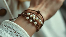 macro photo of a bracelet made of brown leather and little pearls on a woman's wrist, detailed, sharp contrasts, realistic, cinematic, blur background