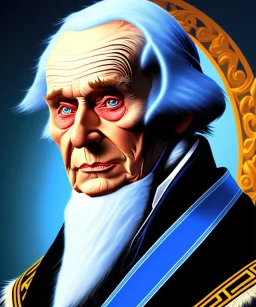 A portrait of Ebeneezer Scrooge ,white and blue