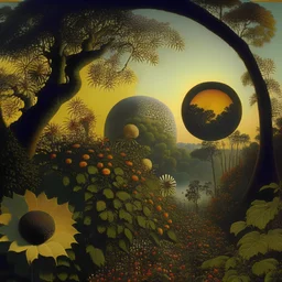 High definition photography of a marvelous landscape, trees, flowers, giant sun, intricate, Audubon, atmosphere of a Max Ernst painting, Henri Rousseau, thoughtful, interesting, a bit appalling, smooth