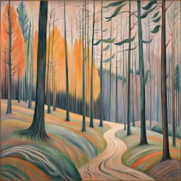 Intricate patterns on a forest landscape, sinister scribbles, pastel colors, Edvard Munch