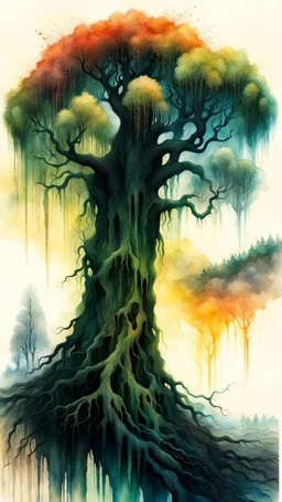 Zdzislaw Beksinski, and Peter Gric style ink wash and watercolour, full body illustration of a willow tree highly detailed facial features, mixed to anatomical leaves view, visible plant like skeletal structure, wildly flowing splash colours , 8k octane, all in focus, clean , no grain, ethereal, otherworldly concept art in vibrant natural colors
