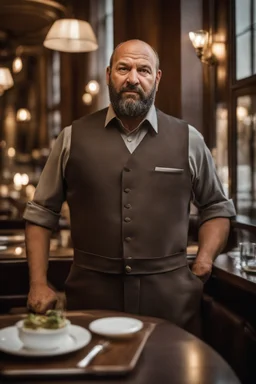 half figure shot photography of a 42 years old serious sicilian waiter in uniform, similar to Bud Spencer, shaved hair, muscular bearded strong chubby man with hands in the pockets, in an elegant empty restaurant, bulge, bullneck, manly chest, unshaved, short hair, photorealistic, dim light , side light, view from the ground