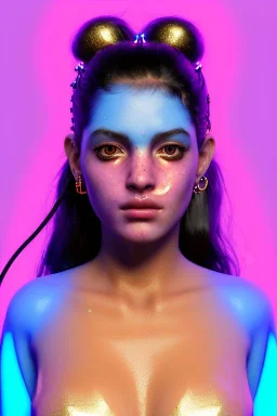 Ultra Realistic image, Rosalía artist, portrait, waist up portrait, long black eye line, sweet face, gold pink and blue geisha style, spray glow make up, led lights, neon, led piercing nose, led ornament, fog, bubble latex coat, vibrant color, highly detailed, art stations, concept art, smooth, unreal engine 5, god rays, ray tracing, RTX, lumen lighting, ultra detail, volumetric lighting, 3d, finely drawn, high definition, high resolution.