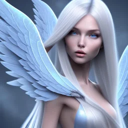  beautiful, soft, blue atmosphere, long straight blond hair, big fairies wings in the back