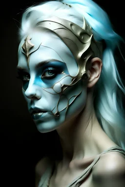 urban fantasy, woman, elf, skull mask, light-blue skin color
