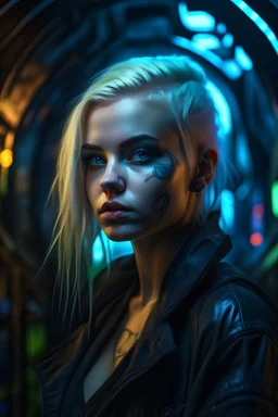 hyper real oil painting on canvass of blonde pierced cyberpunk Malkavian vampire portrait with clear blue-green eyes in moon light feeling in control in goth ruins patterned background, zeiss prime lens, bokeh like f/0.8, tilt-shift lens 8k, high detail, smooth render, down-light, unreal engine, prize winning